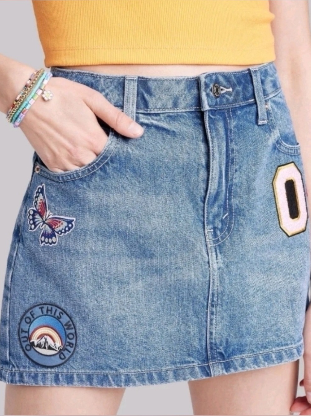NWOT Wild Fable Retro Patches Denim Mini Skirt